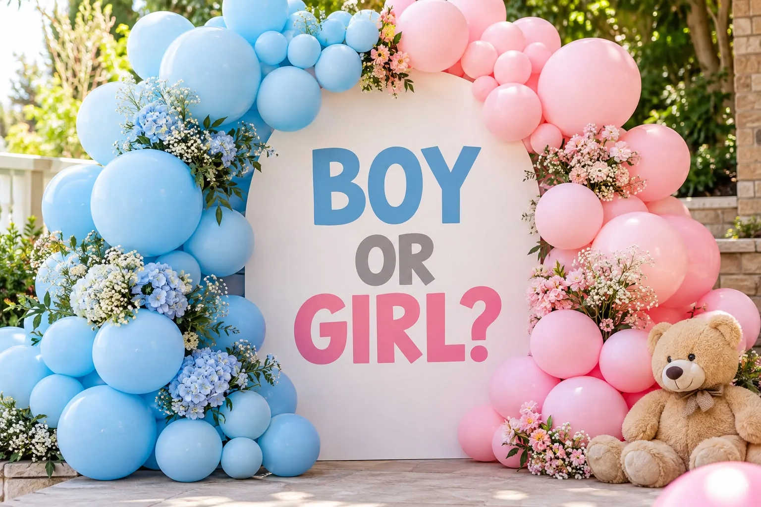 Boy-or-Girl-Dekoration mit rosa und blauen Ballons, Blumen und Teddybär